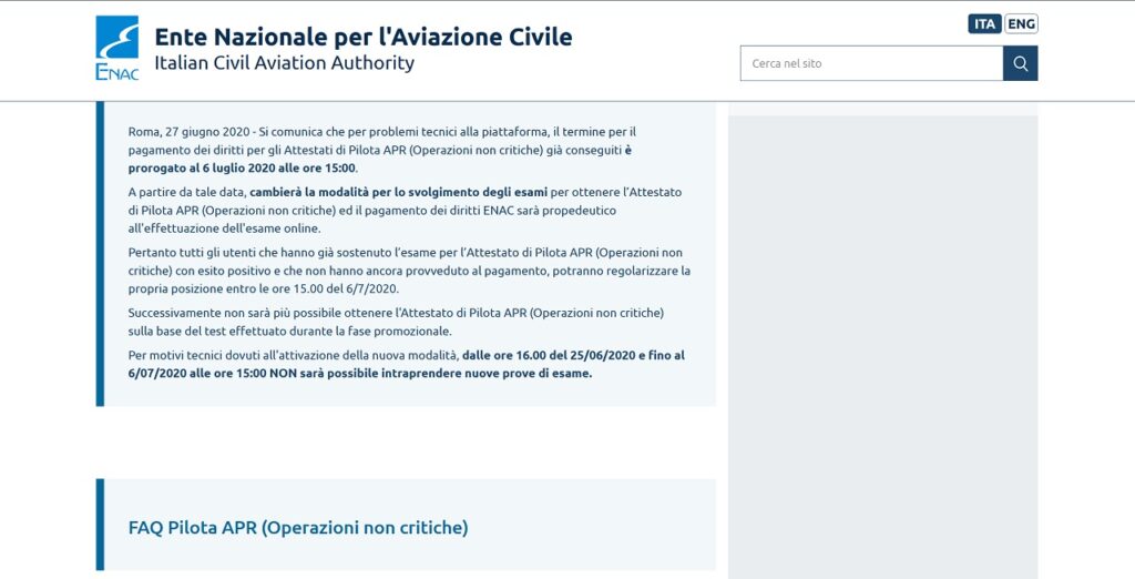 ENAC: patentino online sospeso fino al 6 luglio